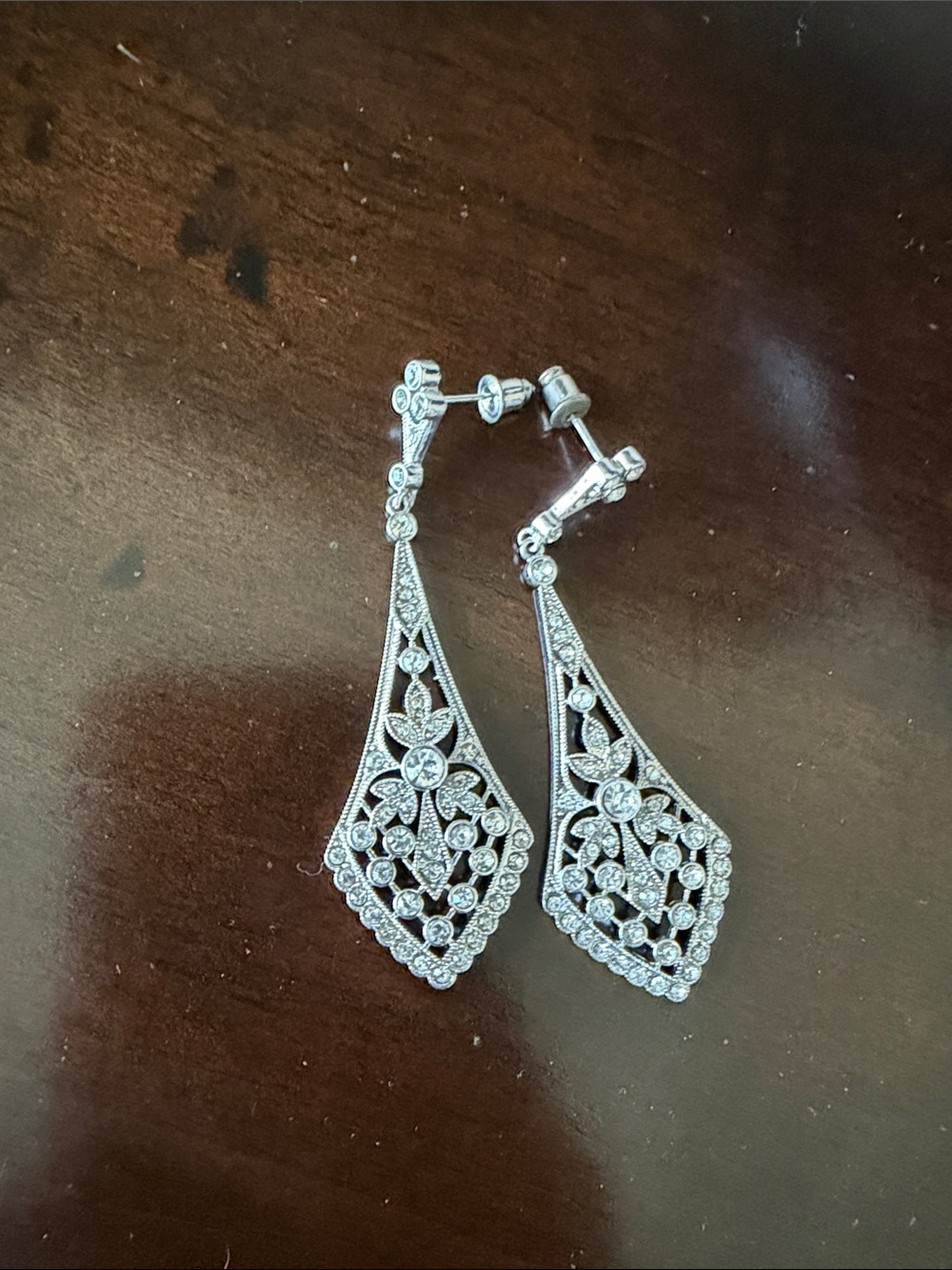 Silver Filigree Rhinestone Teardrop Dangle Earrings - Elegant Women's Jewelry